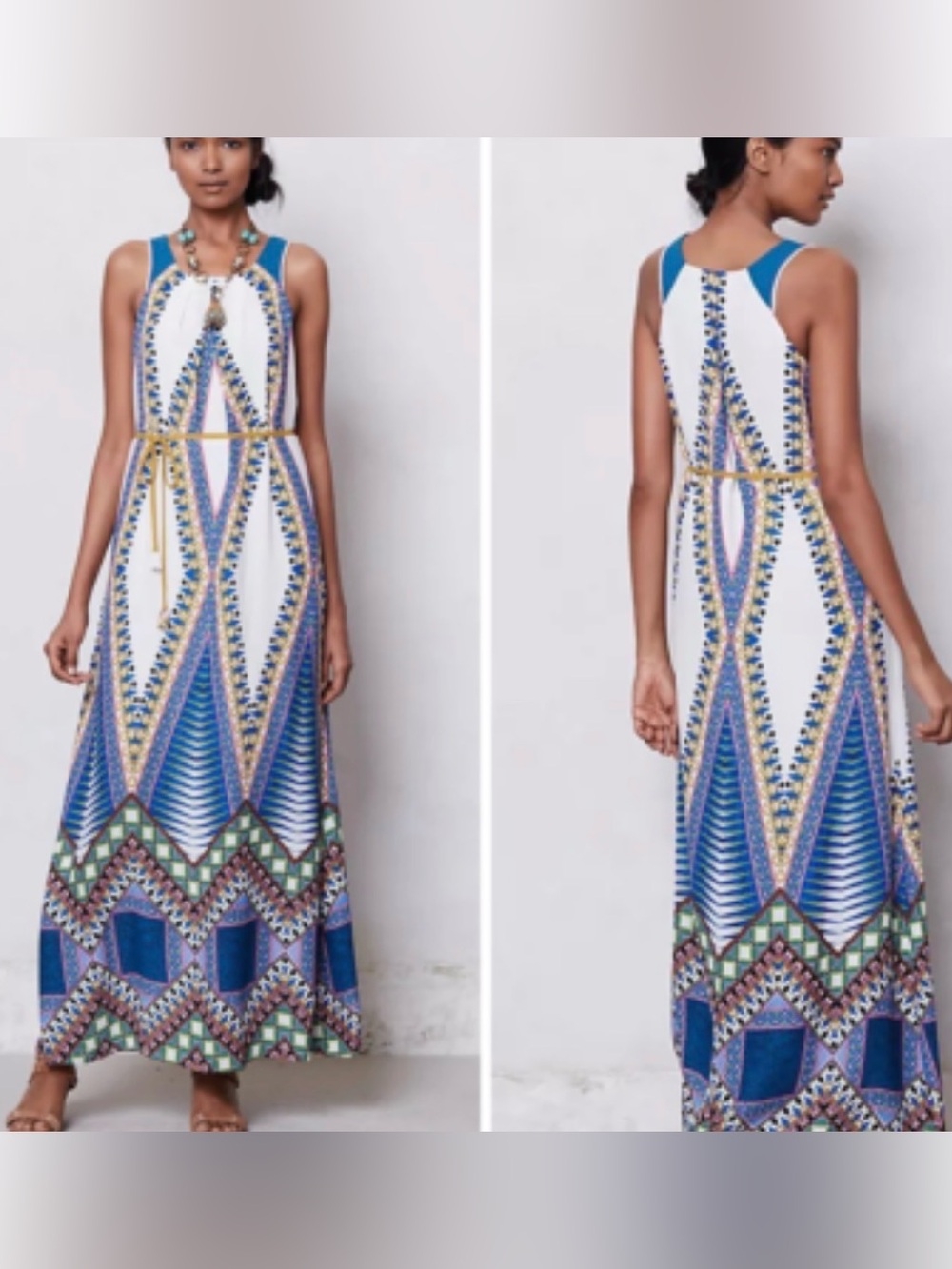 Maeve White Maxi Dress with Blue & Green Geometric Print